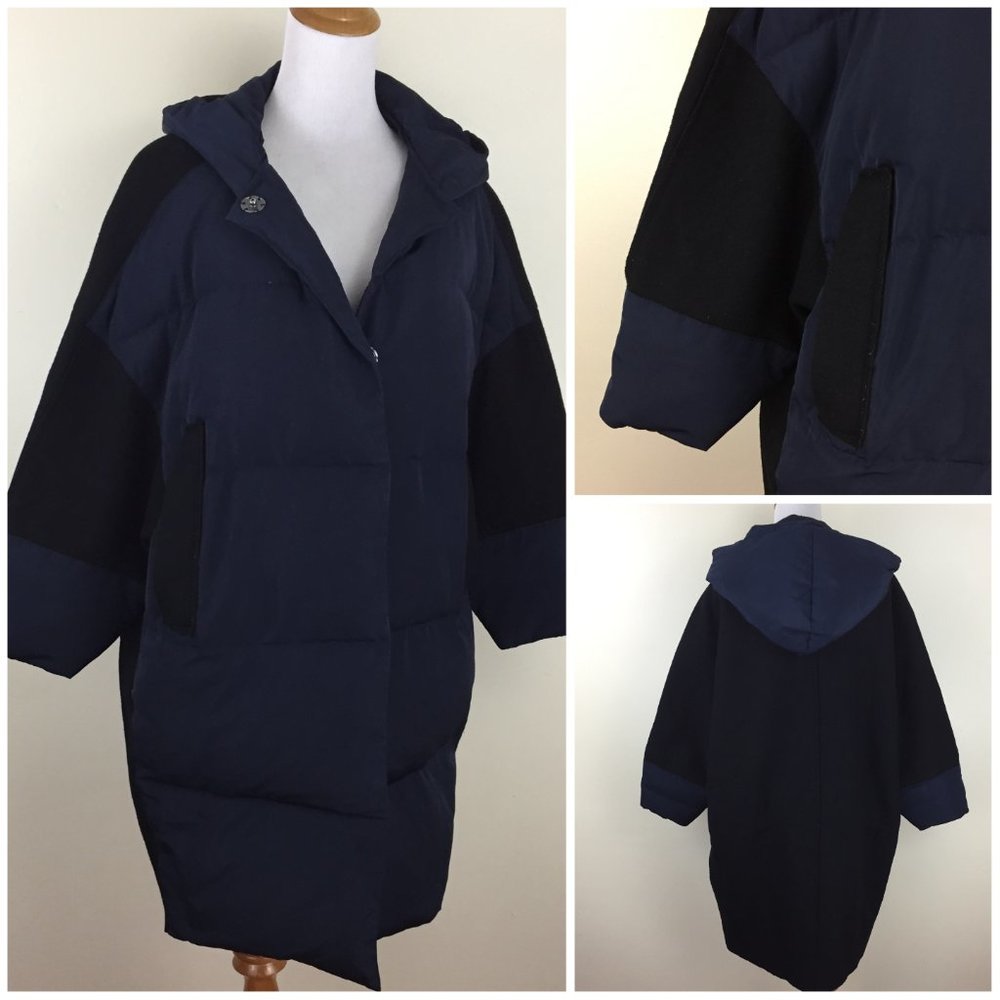 BASIC HOUSE Black Dark Blue Wool Blend Hoodie Duck Down Puffer Oversized Jacket